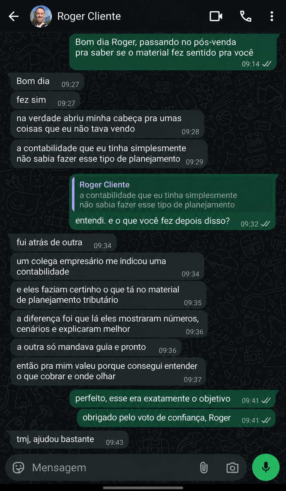 Conversa de WhatsApp com Roger